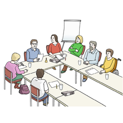Grafik: Sieben Menschen sitzen um einen Tisch in einer Besprechung